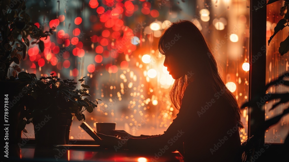 Poster a woman is sitting at a table with a laptop and a cup of coffee. the image has a moody and introspec