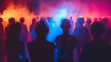 Fototapeta na wymiar A group of people wearing headphones and standing in front of a smoke machine. Scene is energetic and lively