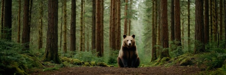 Obraz premium Brown bear in the woods, big wild animal in the lush green forest. walking and sitting in the jungle. made with generative AI technology.