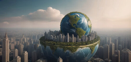 Earth globe in the middle of the city. Urbanization of earth. - obrazy, fototapety, plakaty