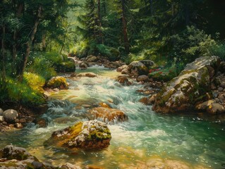 A painting of a river with a green background and rocks in the foreground
