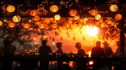 A group of people are sitting at a bar with lanterns hanging overhead. The atmosphere is warm and inviting, with the lanterns casting a soft glow on the faces of the patrons - obrazy, fototapety, plakaty