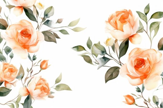 Peach roses watercolor clipart on white background, defined edges floral flower pattern background with copy space for design text or photo backdrop minimalistic 