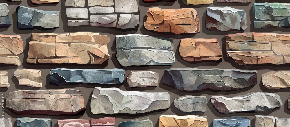 Poster the wall is adorned with a variety of rocks, each distinct in shape and color. they serve as buildin