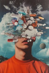 Surreal collage with man and drugs	
