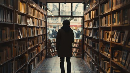 A man stands in a library aisle, looking at the books. The library is filled with bookshelves, and the man is wearing a coat