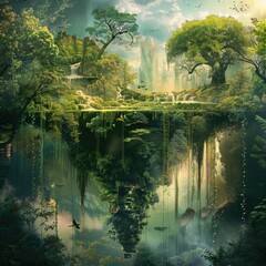 A lush green forest with a waterfall and a bridge