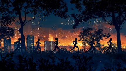 A group of people are running through a forest at night. The city lights in the background create a contrast between the natural and urban environments. Scene is one of adventure and excitement