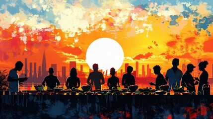 A group of people are gathered around a table with food, and the sun is setting in the background