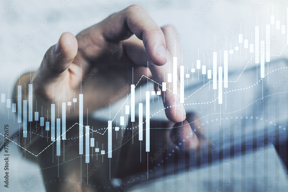 Poster multi exposure of abstract creative financial chart with finger presses on a digital tablet on backg