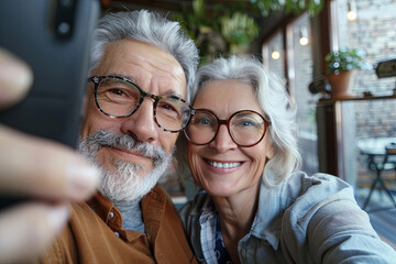Wonderful sincere cheerful couple of gray haired mature smiling people taking selfie portrait on phone. Today's active retirees are enjoying life. A man with a gray beard and a woman in glasses - obrazy, fototapety, plakaty