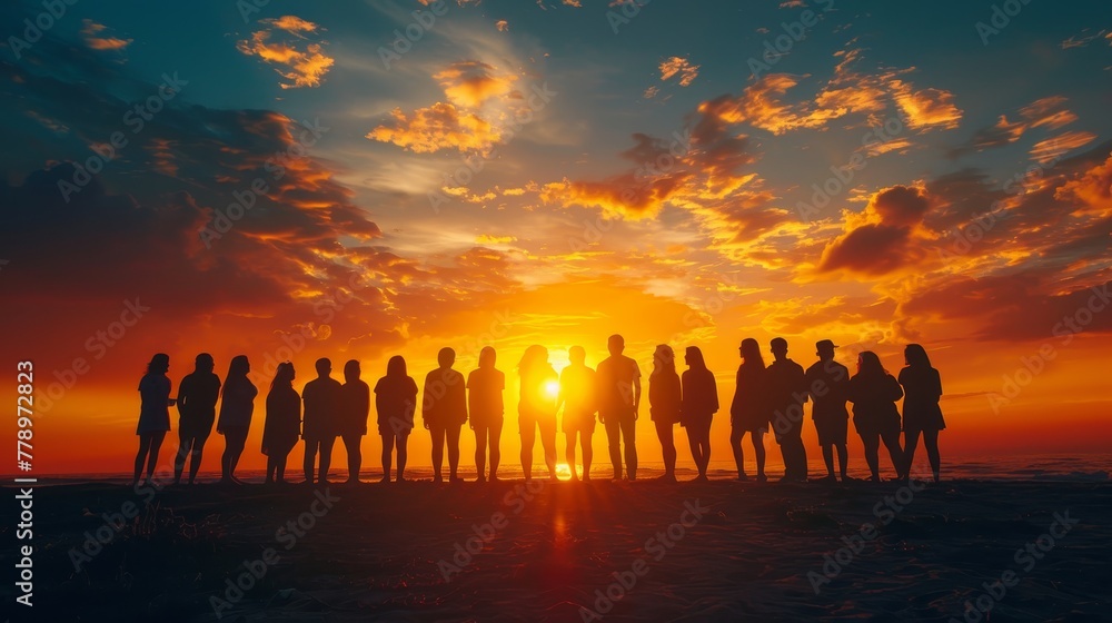Poster a group of people are standing on a beach at sunset. the sun is setting in the background, casting a