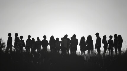Obraz premium A group of people are standing on a hill, with some of them holding backpacks. The image has a sense of unity and togetherness, as the people are all gathered together in a group