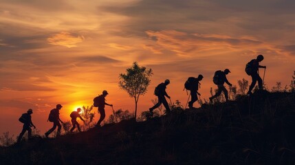 Fototapeta na wymiar A group of people are hiking up a hill, with the sun setting in the background. The silhouettes of the hikers create a sense of unity and camaraderie