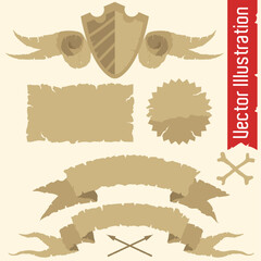Medieval Banners and Shields Vector Set Illustration. Old vector paper, old vector text tapes.