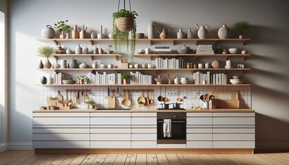Swedish Kitchen with Floating Shelves and Modern Aesthetics - obrazy, fototapety, plakaty