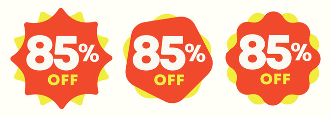 85% off. Special offer sticker, label, tag. Value discount poster, price. Shapes in yellow and red. Promo, discount, sale, store, retail, mall. Icon, vector