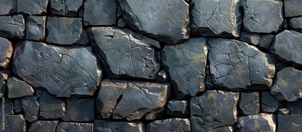 Poster a close up of a stone wall built with large grey rocks, showcasing a unique pattern. it serves as a 