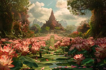 Realistic depiction of Buddha's birthday celebration, with a path of lotus flowers leading to a temple - obrazy, fototapety, plakaty