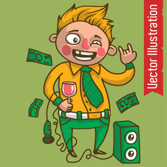 Cartoon Businessman Partying with Music and Wine Illustration
