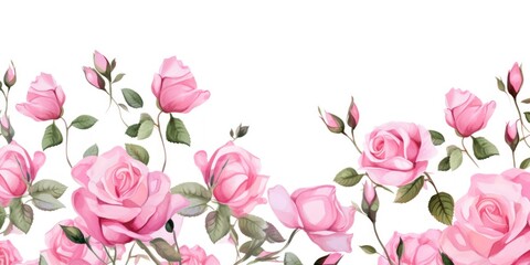 Pink roses watercolor clipart on white background, defined edges floral flower pattern background with copy space for design text or photo backdrop minimalistic - obrazy, fototapety, plakaty