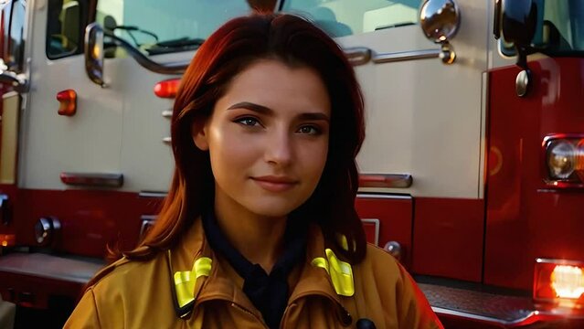 portrait of a female firefighter with a fire truck in the background