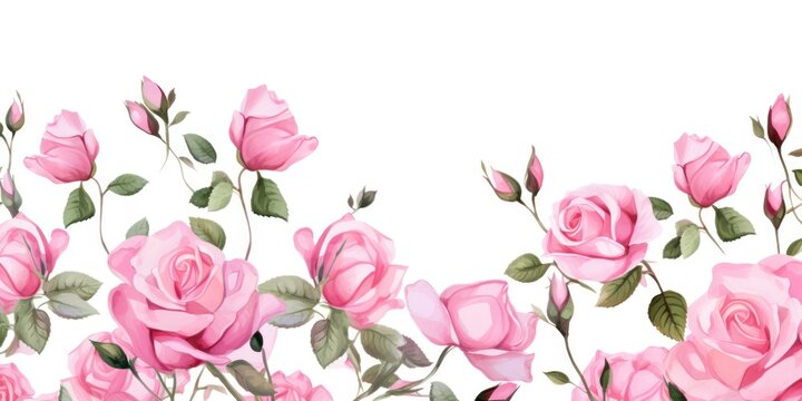 Pink roses watercolor clipart on white background, defined edges floral flower pattern background with copy space for design text or photo backdrop minimalistic