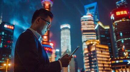 A Chinese financial analyst consults interactive digital graphs on a tablet, strategizing in front of the smart city's glowing financial district.
