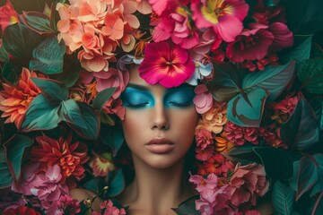 Surreal portrait of a woman with vibrant floral elements	