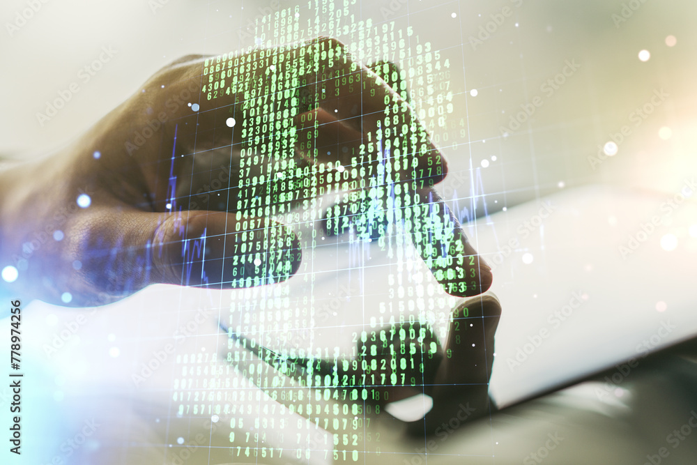 Poster double exposure of creative bitcoin symbol hologram and hand working with a digital tablet on backgr