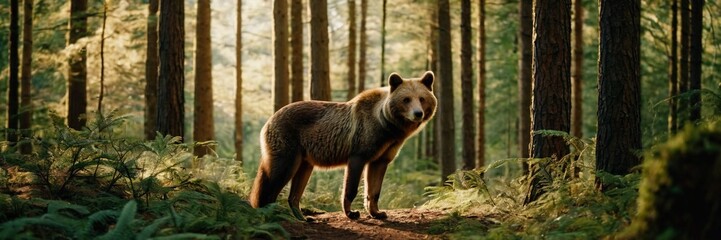 Fototapeta premium Brown bear in the woods, big wild animal in the lush green forest. walking and sitting in the jungle. made with generative AI technology.