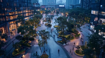 A Chinese urban planner collaborates with AI to redesign city spaces, blending traditional aesthetics with smart technology in a public square. - obrazy, fototapety, plakaty