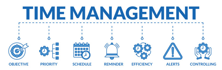 Banner of time management web vector illustration concept with icons of objective, priority, schedule, reminder, efficiency, alerts, controlling