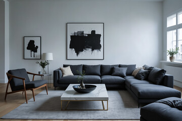 a bright room with a large black sofa and abstract paintings on the wall