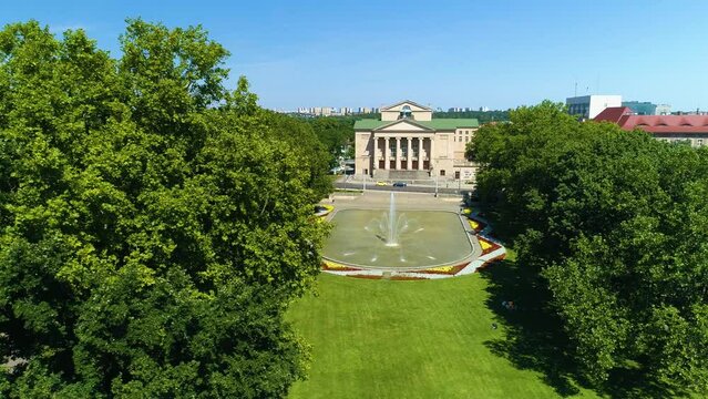 Aerial view of the fountain in Mickiewicz Park in Poznan