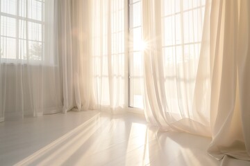 Fototapeta na wymiar The first beautiful morning sunlight filters through the curtains in a modern white apartment 