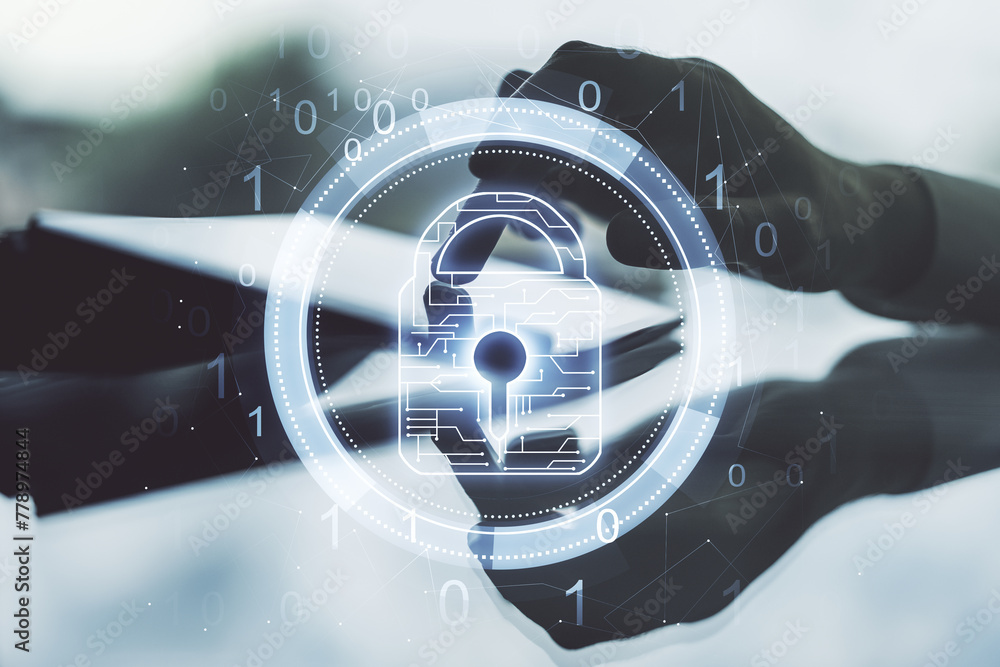 Aufkleber double exposure of creative lock hologram with chip and with finger clicks on a digital tablet on ba