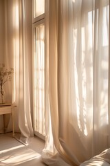 The first beautiful morning sunlight filters through the curtains in a modern white apartment	