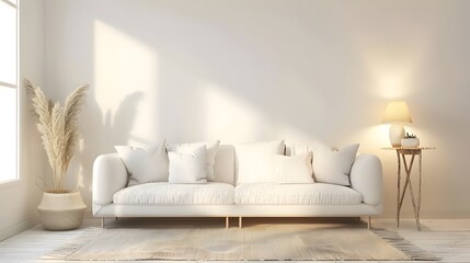 Bright and cozy modern living room interior have sofa and lamp with white wall background.