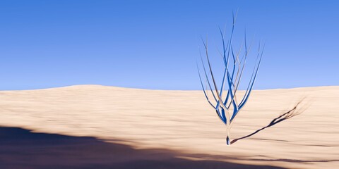 Chrome retro tree object in surreal abstract desert landscape with blue sky background, geometric primitive fantasy concept - 778975022