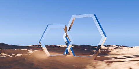 Two chrome retro hexagon or honeycomb frame objects in surreal abstract desert landscape with blue sky background, geometric primitive fantasy concept - 778975033