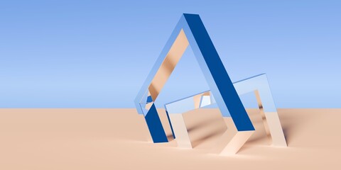 Two chrome retro square frame objects in surreal abstract desert landscape with blue sky background, geometric primitive fantasy concept with copy space