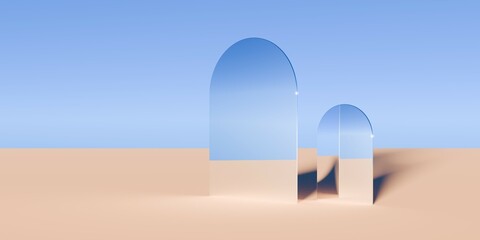 Multiple chrome retro mirror objects in surreal abstract desert landscape with blue sky background, geometric primitive fantasy concept with copy space