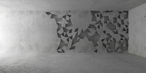Abstract empty, modern concrete room random triangle niches in the back wall and rough floor - industrial interior background template