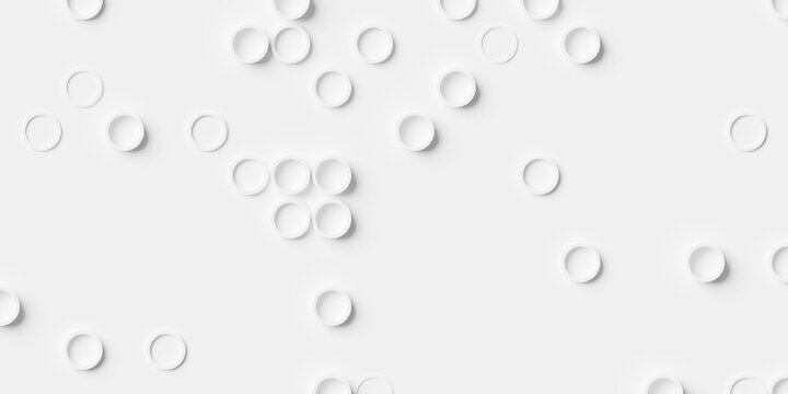 Array or grid of randomly offset scattered white circular rings background wallpaper banner pattern