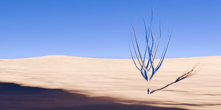 Chrome retro tree object in surreal abstract desert landscape with blue sky background, geometric primitive fantasy concept