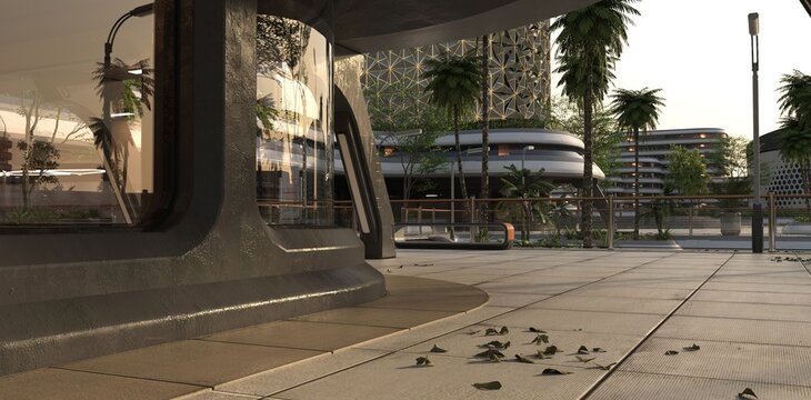 A 3D illustration of a cyberpunk urban scene with modern architecture and tropical greenery under the golden hour light.