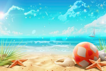 sand beach background with beach vacation symbols,