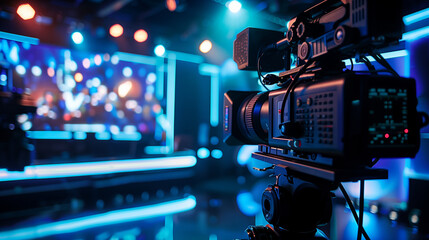 Fototapeta na wymiar Television studio space where live broadcasting takes place, with clearly visible video camera lenses and colored lighting