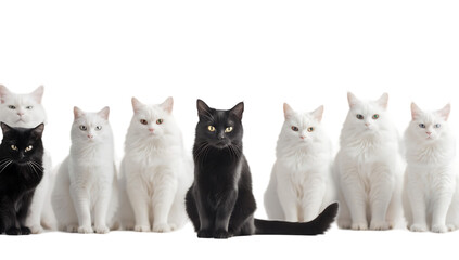 A black cat sitting in the middle of all white cats, on a fully white background